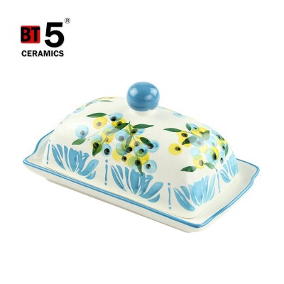 Rectangle ceramic beauty handpainted flower butter dish with lid for sale