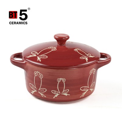 Microwave oven safe ceramic handle pots round casserole with red color